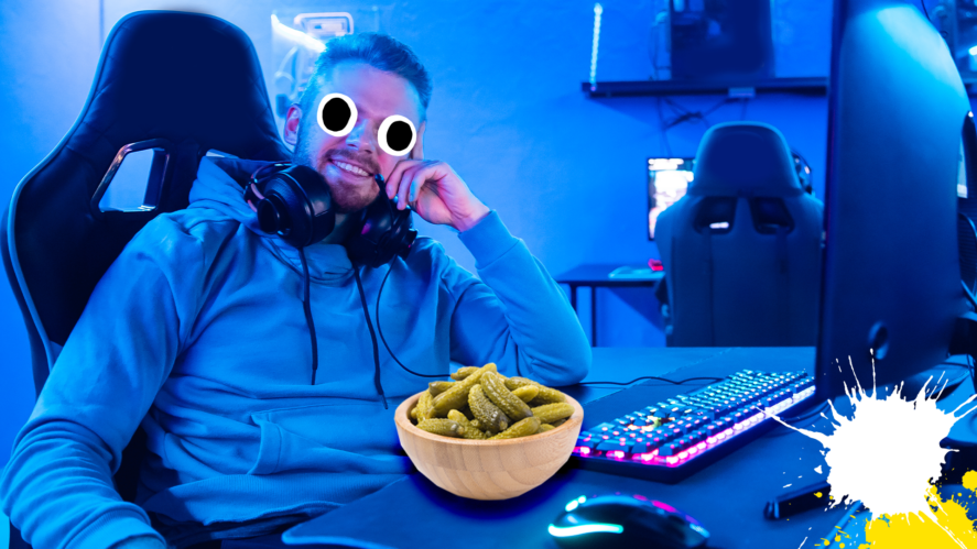 A gamer with a bowl of pickles